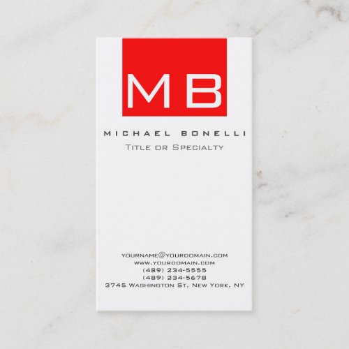 Stylish Monogram White Red Vertical Business Card