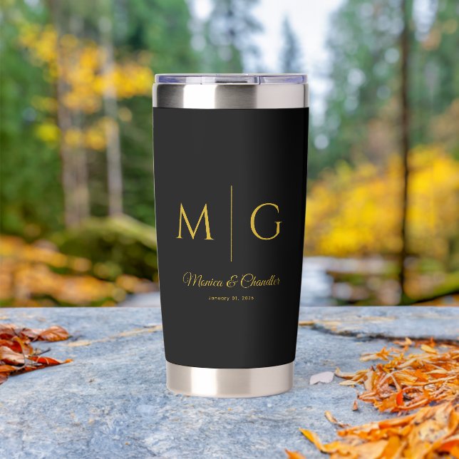 Stylish Monogram With Couple Name Black Insulated Tumbler (Outdoor (Rotated))