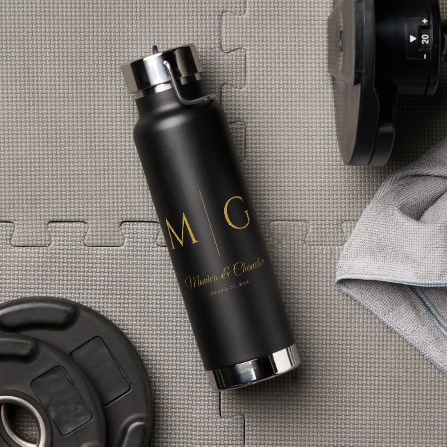 Stylish Monogram With Couple Name Black Water Bottle (Gym (Rotated))