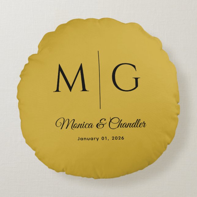 Stylish Monogram With Couple Name Metallic Gold Round Pillow (Front)