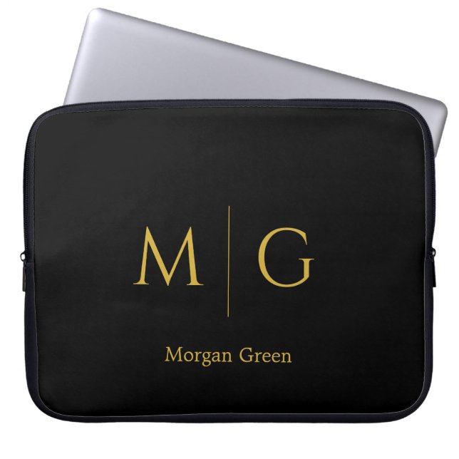 Stylish Monogram with Name Design Black Laptop Sleeve (Front)