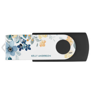 Stylish Monogram Yellow & Blue Watercolor floral Flash Drive