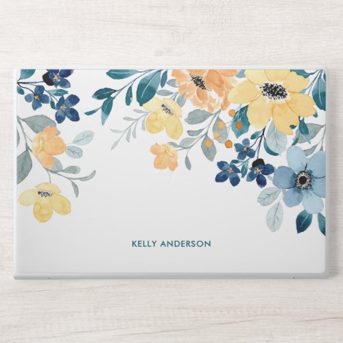 Stylish Monogram Yellow  Blue Watercolor floral HP Laptop Skin