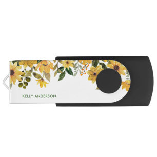 Stylish Monogram Yellow Watercolor floral Flash Drive