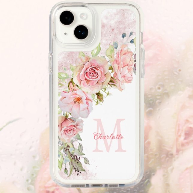 Stylish Monogramed Girly Pink Roses  Speck iPhone Case (Pink watercolor roses and trendy greenery personalized with your name and monogram initial. )