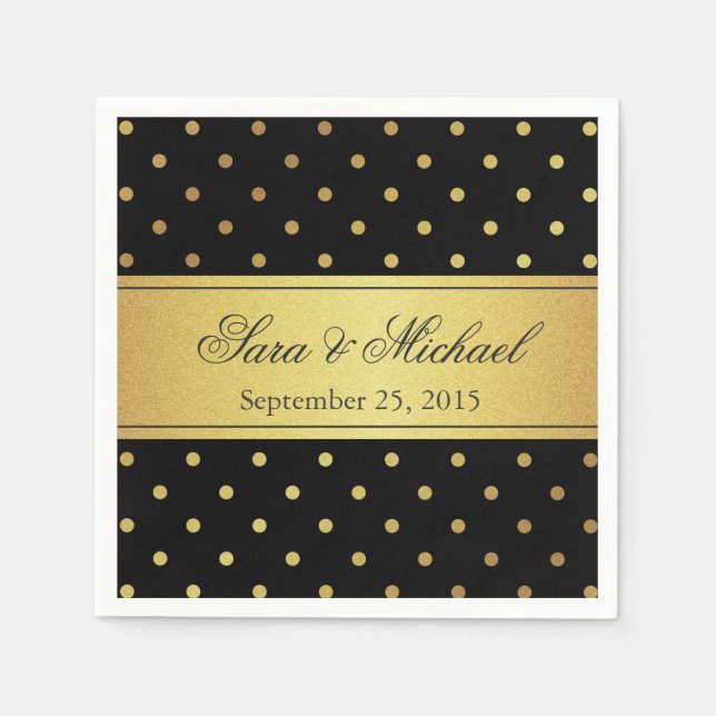 Stylish Monogrammed - Black and Gold Polka Dots Paper Napkins (Front)