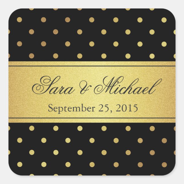 Stylish Monogrammed - Black and Gold Polka Dots Square Sticker (Front)