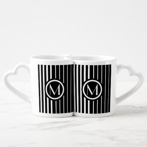 Stylish monogrammed black and white stripes coffee mug set