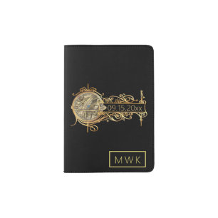 Stylish  Monogrammed Black Gold Wedding Date Passport Holder