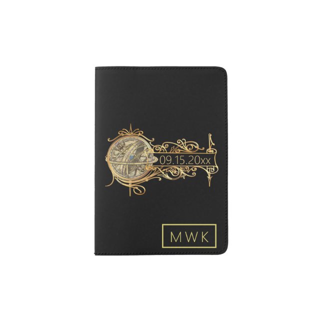 Stylish  Monogrammed Black Gold Wedding Date Passport Holder (Front)