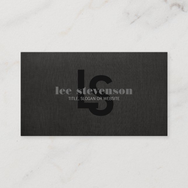 Stylish Monogrammed Black Linen Look Professional Business Card (Front)