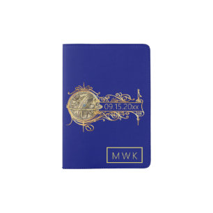 Stylish  Monogrammed Blue Gold Wedding Date Passport Holder