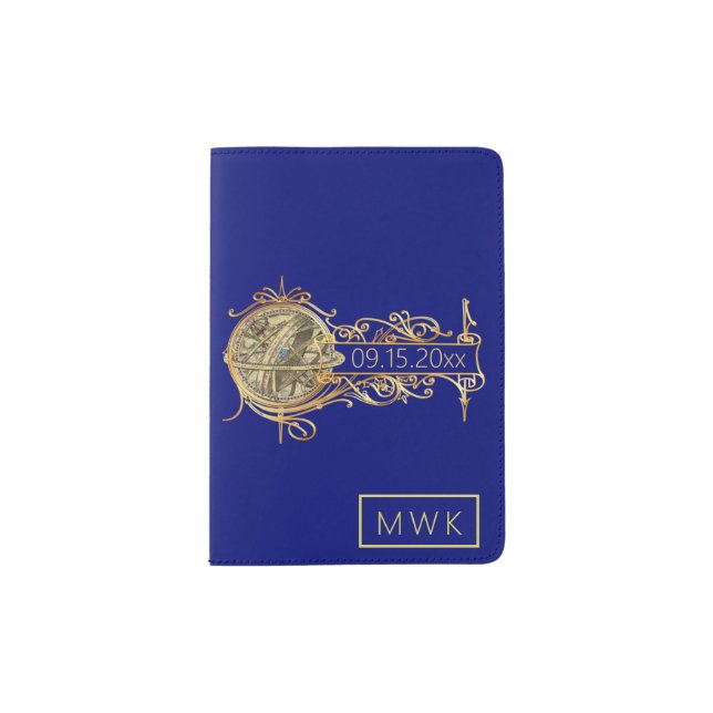 Stylish  Monogrammed Blue Gold Wedding Date Passport Holder (Front)