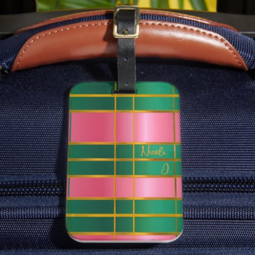 Stylish Monogrammed Bold Pink &amp; Green, Gold  Luggage Tag