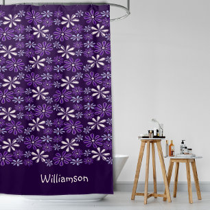 Stylish Monogrammed Dark Purple Flower Doodle Shower Curtain