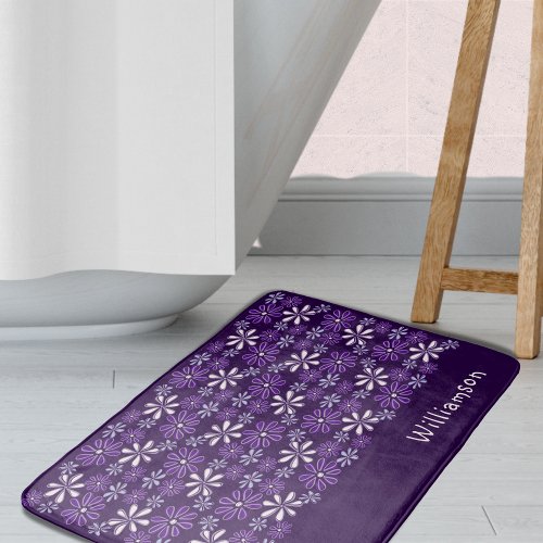 Stylish Monogrammed Dark Purple Flower Pattern Bath Mat