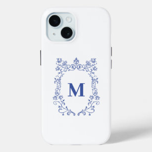 Stylish monogrammed Elegant Blue iPhone 15 Case