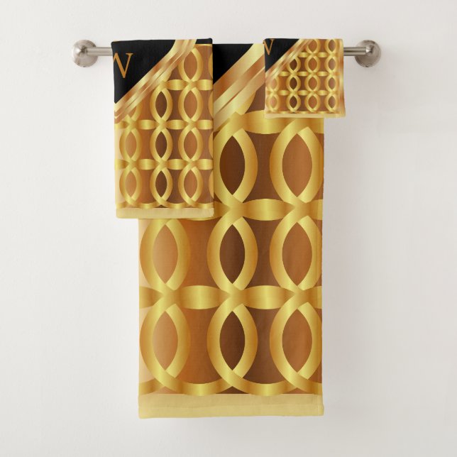 Stylish Monogrammed Gold And Black Heart Geometric Bath Towel Set (Insitu)