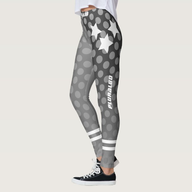 Stylish monogrammed gray dots pattern workout leggings (Left)