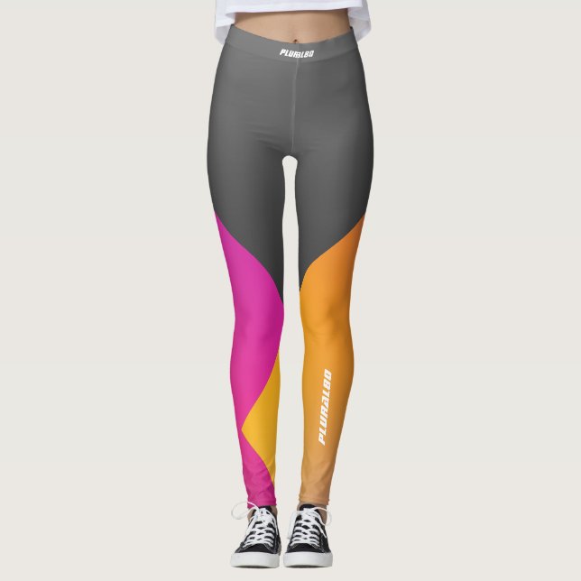 Stylish monogrammed gray pink yellow workout leggings (Front)