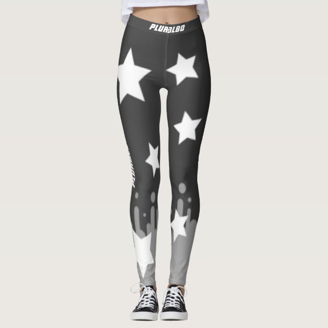 Stylish monogrammed  gray white stars workout leggings (Front)