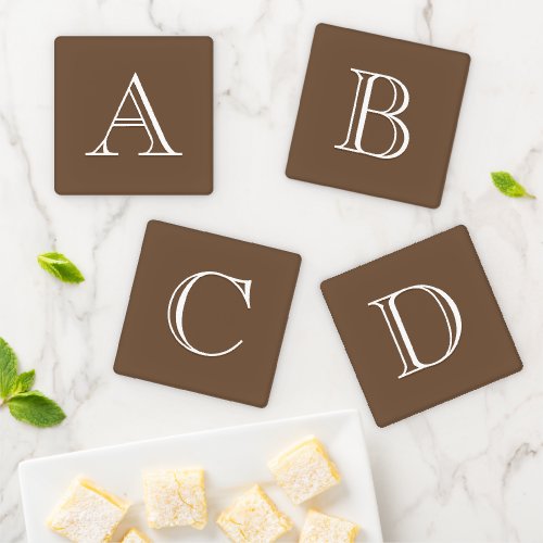 Stylish Monogrammed Initials Rustic Brown  White Coaster Set