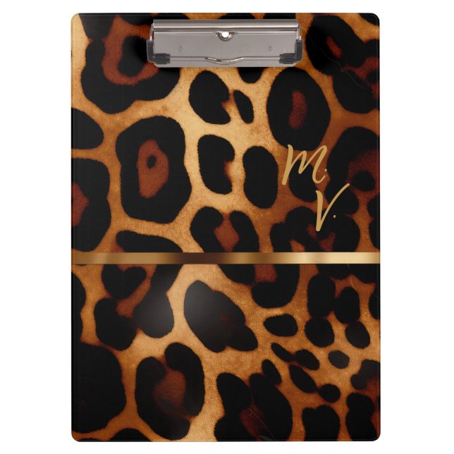 Stylish Monogrammed Leopard Print Business  Clipboard (Front)