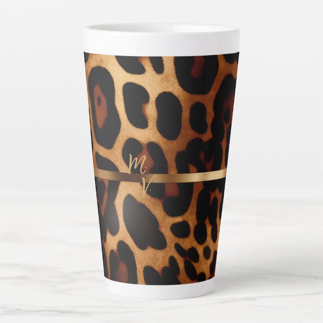 Stylish Monogrammed Leopard Print  Latte Mug (Front)