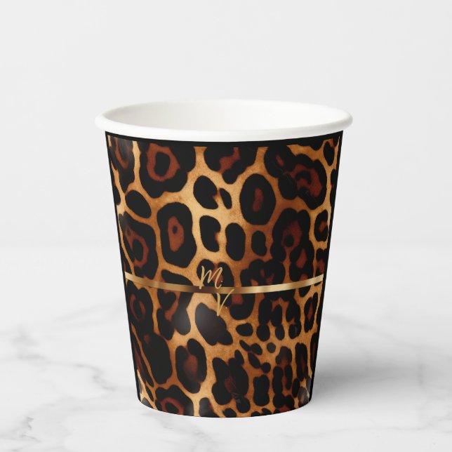 Stylish Monogrammed Leopard Print  Paper Cups (Front)