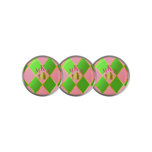Stylish Monogrammed Pink and Green Argyle  Golf Ball Marker (3 Up)