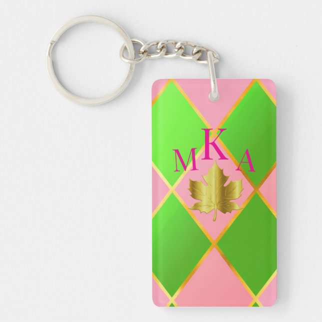 Stylish Monogrammed Pink and Green Argyle  Keychain (Front)