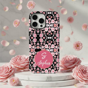 Stylish Monogrammed Pink Floral Pattern on Black iPhone 16 Pro Max Case