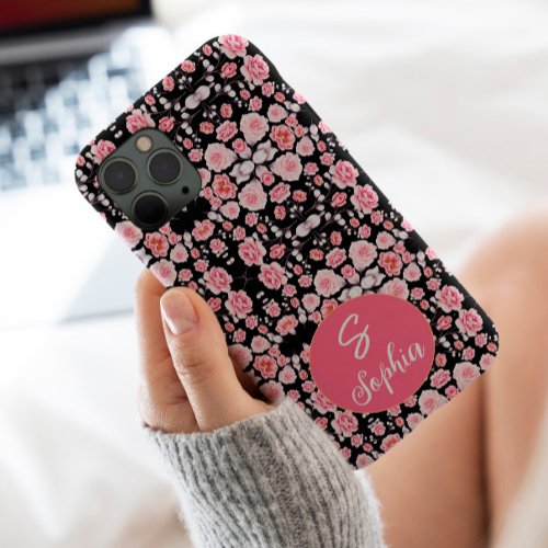 Stylish Monogrammed pink Floral pattern on black iPhone 11 Pro Case