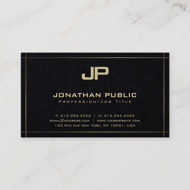 Stylish Monogrammed Plain Premium Black Luxury Business Card (Front)