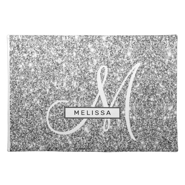 Stylish Monogrammed Silver Glitter Sparkle Cloth Placemat (Front)
