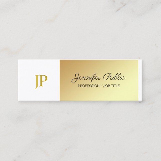 Stylish Monogrammed White and Gold Plain Luxury Mini Business Card (Front)
