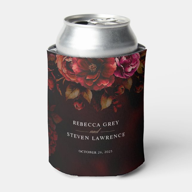 Stylish moody gothic red black floral wedding  can cooler (Can Front)