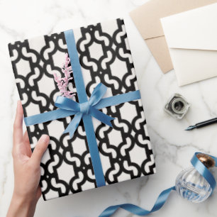 Stylish Moroccan Black Quatrefoil Lattice Pattern Wrapping Paper