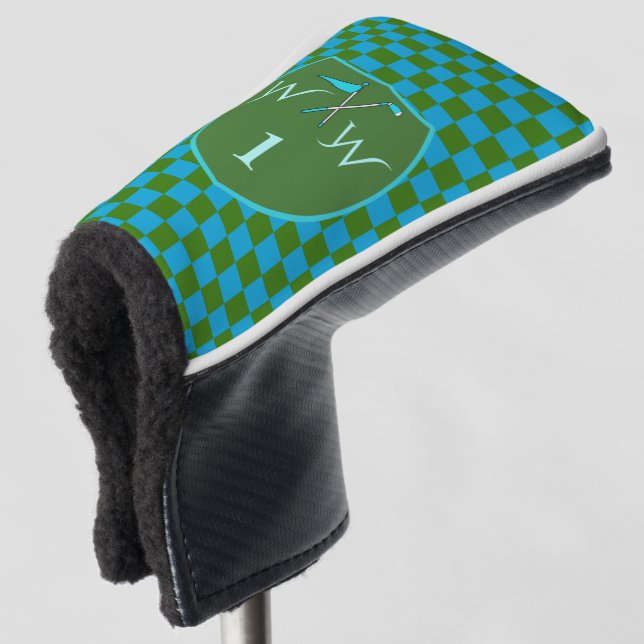 Stylish Moss Green  Azure Blue Checkered Monogram  Golf Head Cover (3/4 Front)