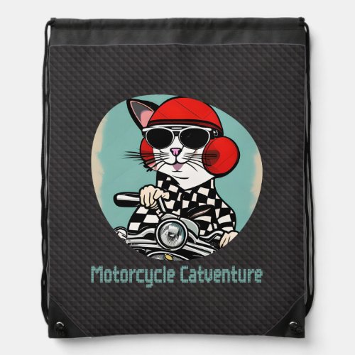 Stylish motorcycle cat _ Red helmet and glasses Drawstring Bag
