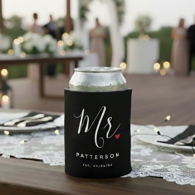 Stylish Mr. Custom Last Name & Date Wedding Can Cooler (Creator Uploaded)