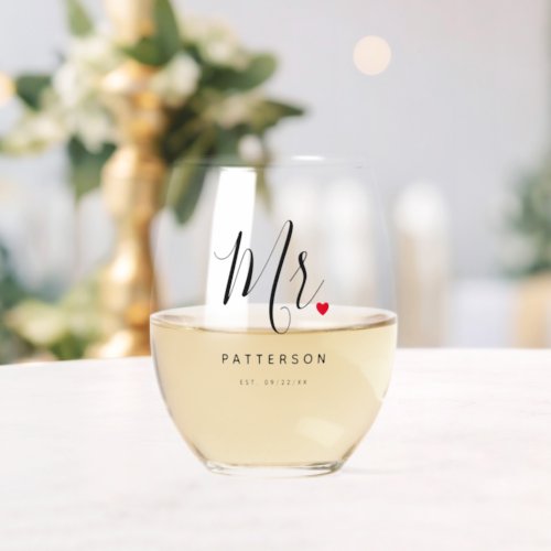 Stylish Mr Custom Last Name  Date Wedding Stemless Wine Glass