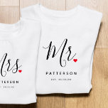 Stylish Mr. Custom Last Name & Date Wedding T-Shirt<br><div class="desc">The perfect gift for any groom to be,  the fun and modern design features a stylish typography script "Mr." with cute little red love heart full stops. The design is easy to personalize with your surname and established date and will be the perfect keepsake from your special day.</div>