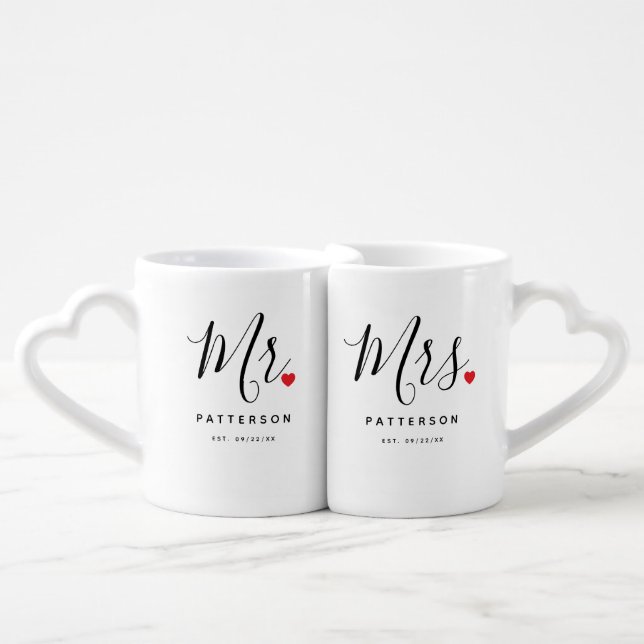 Stylish Mr. & Mrs. Custom Last Name Coffee Mug Set (Front Nesting)