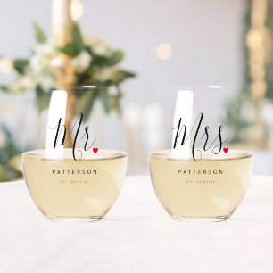 Stylish Mr. & Mrs. Custom Last Name & Date Wedding Stemless Wine Glass