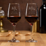 Stylish Mr. & Mrs. Custom Last Name & Date Wedding Wine Glass<br><div class="desc">The perfect gift for any bride and groom to be, the fun and modern design features a stylish typography script "Mr." and "Mrs." with cute little love heart full stops. The design is easy to personalize with your surname and established date and will be the perfect keepsake from your special...</div>