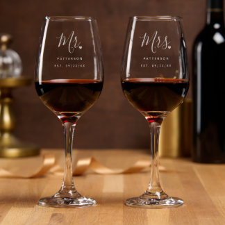Stylish Mr. & Mrs. Custom Last Name & Date Wedding Wine Glass