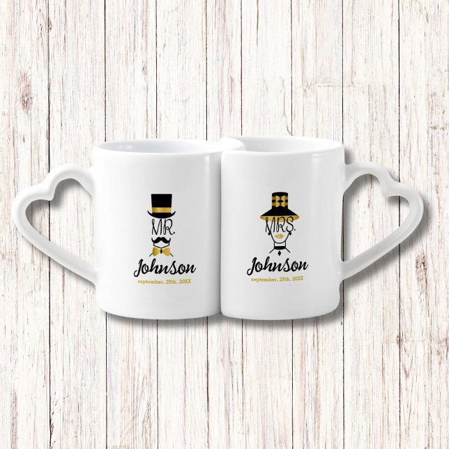 Stylish Mr. & Mrs. Custom Name Heart Handles Coffe Coffee Mug Set (Creator Uploaded)