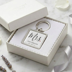 Stylish Mrs. Custom Last Name & Date Wedding Keychain