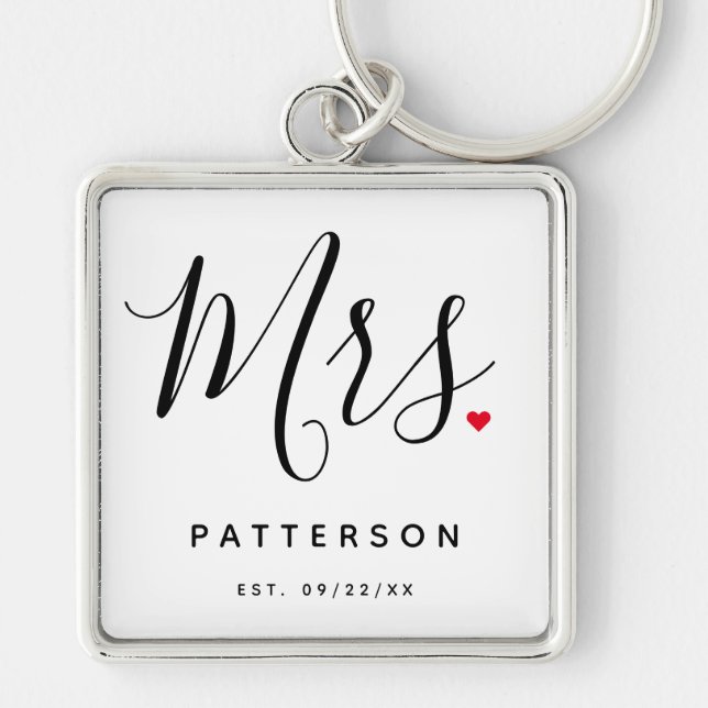 Stylish Mrs. Custom Last Name & Date Wedding Keychain (Front)